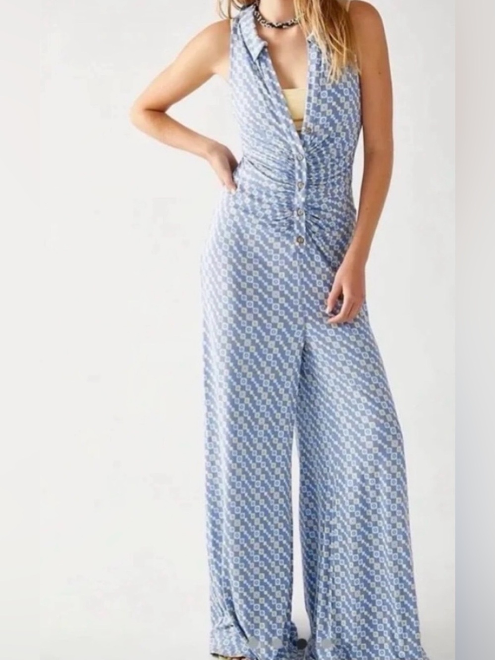 Free People Light Blue Printed Wide-Leg Jumpsuit